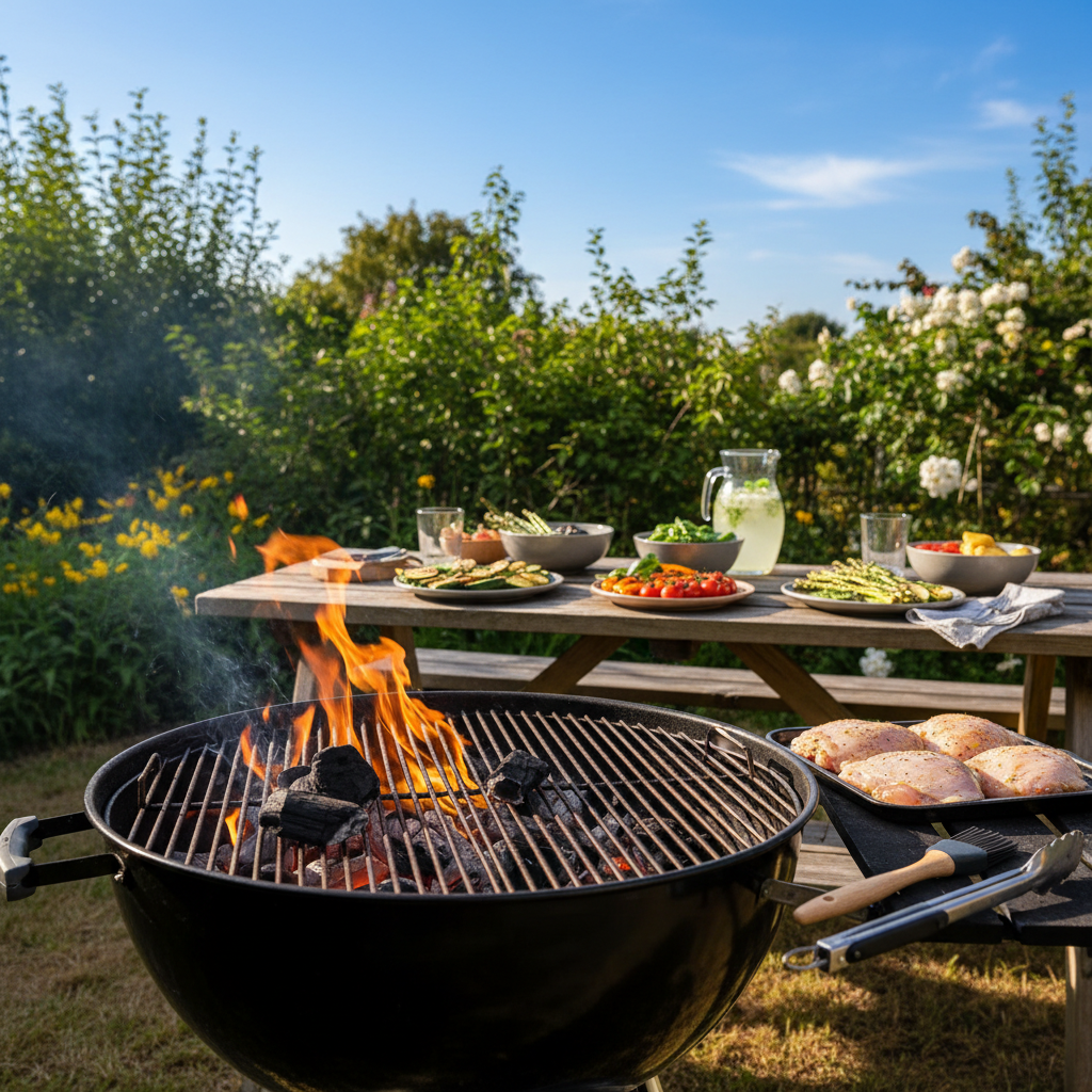 A backyard scene showcasing the two-zone grilling method in action. In the foreground, a charcoal grill with a distinct separation – one side glowing with bright, hot coals and the other side empty for indirect cooking. Juicy chicken pieces marinate on the cooler side, with grill tools like tongs and a basting brush neatly arranged nearby. The middle ground features a wooden picnic table adorned with colorful dishes of grilled vegetables and fresh herbs. In the background, vibrant green foliage and a clear blue sky create an inviting atmosphere. Soft, warm lighting enhances the scene, reminiscent of a sunny afternoon cookout. The angle is slightly above eye-level, providing a comprehensive view of the grilling setup, capturing the essence of mastering the two-zone grilling method. A backyard scene showcasing the two-zone grilling method in action. In the foreground, a charcoal grill with a distinct separation – one side glowing with bright, hot coals and the other side empty for indirect cooking. Juicy chicken pieces marinate on the cooler side, with grill tools like tongs and a basting brush neatly arranged nearby. The middle ground features a wooden picnic table adorned with colorful dishes of grilled vegetables and fresh herbs. In the background, vibrant green foliage and a clear blue sky create an inviting atmosphere. Soft, warm lighting enhances the scene, reminiscent of a sunny afternoon cookout. The angle is slightly above eye-level, providing a comprehensive view of the grilling setup, capturing the essence of mastering the two-zone grilling method.