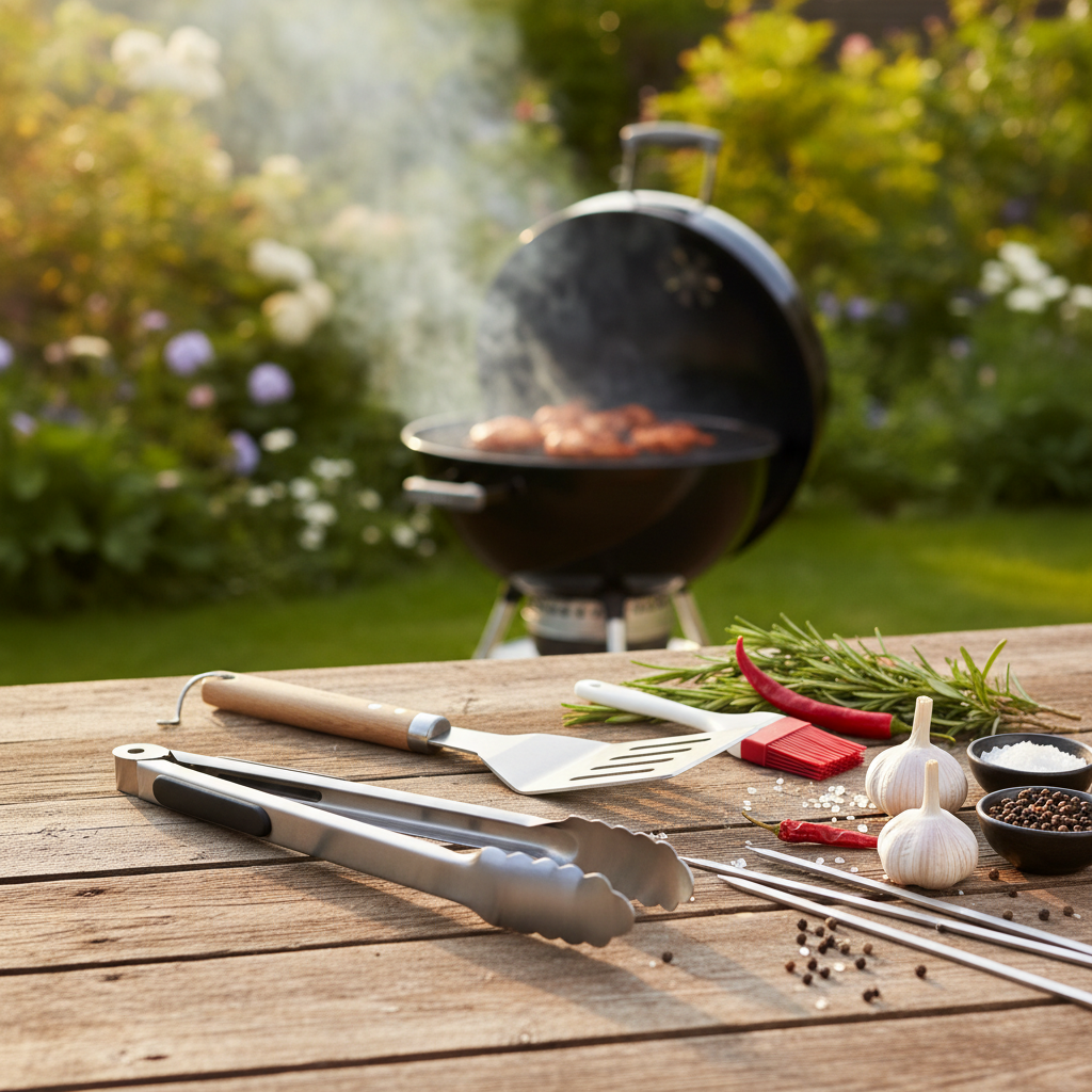 A beautifully arranged collection of essential grill tools on a rustic wooden table, featuring a pair of stainless steel tongs, a long-handled spatula, a basting brush, and a set of skewers. The foreground captures the tools gleaming under warm, golden sunlight, emphasizing their shiny surfaces and ergonomic designs. In the middle, a vibrant assortment of fresh herbs and spices, such as rosemary, garlic, and chili, adds color and context. The background features a blurred outdoor setting with a charcoal grill and a lush green garden, creating a relaxed, inviting atmosphere. The image should evoke a sense of anticipation for a summer barbecue, highlighting the excitement of grilling delicious chicken. Use a shallow depth of field to keep the focus on the tools, with soft, natural lighting to enhance the inviting mood. A beautifully arranged collection of essential grill tools on a rustic wooden table, featuring a pair of stainless steel tongs, a long-handled spatula, a basting brush, and a set of skewers. The foreground captures the tools gleaming under warm, golden sunlight, emphasizing their shiny surfaces and ergonomic designs. In the middle, a vibrant assortment of fresh herbs and spices, such as rosemary, garlic, and chili, adds color and context. The background features a blurred outdoor setting with a charcoal grill and a lush green garden, creating a relaxed, inviting atmosphere. The image should evoke a sense of anticipation for a summer barbecue, highlighting the excitement of grilling delicious chicken. Use a shallow depth of field to keep the focus on the tools, with soft, natural lighting to enhance the inviting mood.