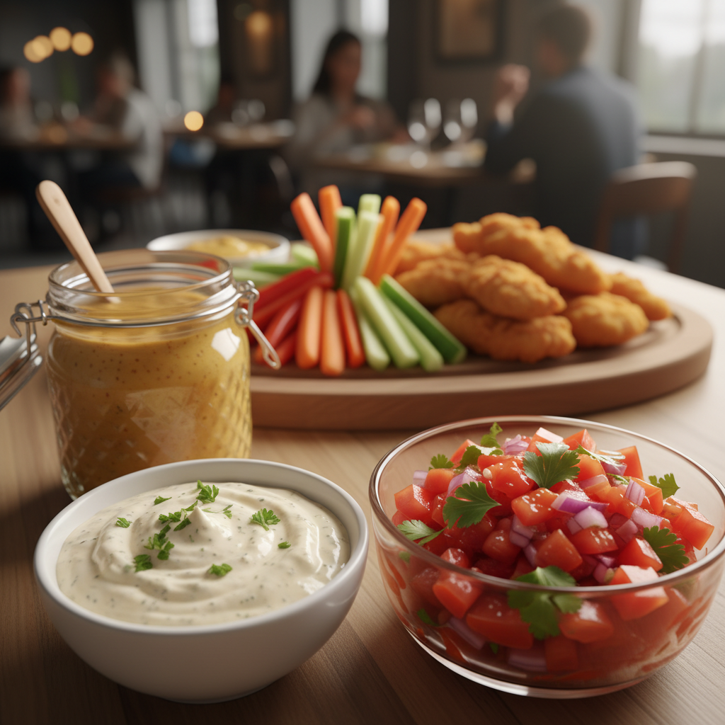 A beautifully arranged table featuring an assortment of flavorful dips perfect for chicken appetizers. In the foreground, a small white bowl of creamy garlic aioli, textured with crushed garlic and topped with fresh parsley, sits next to a vibrant, chunky salsa with diced tomatoes, onions, and cilantro. A tangy honey mustard dip, housed in a rustic jar, adds rustic charm. In the middle ground, an elegant wooden platter displays crunchy vegetable sticks and crispy chicken tenders, invitingly placed for dipping. Soft, warm lighting bathes the scene, creating a cozy atmosphere, while the background features a blurred, softly lit dining setting that suggests a gathering. The angle captures the inviting nature of the dips, emphasizing their textures and colors, evoking a sense of delightful indulgence and flavor.