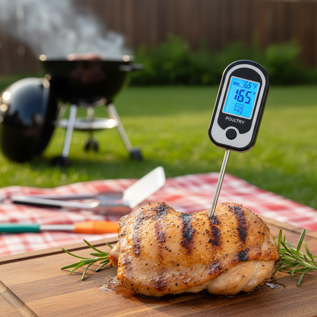 A close-up image of an instant-read thermometer, displaying a bright digital screen reading an ideal internal temperature for poultry. The thermometer is inserted into a juicy, grilled chicken thigh, glistening with grill marks, and resting on a wooden cutting board. In the background, a summer backyard cookout scene softly unfocuses, with a charcoal grill emitting wisps of smoke, lush green grass, and colorful BBQ utensils scattered. The lighting is warm and golden, suggesting a late afternoon, giving the atmosphere a cozy and inviting feel. The angle is slightly above eye-level to emphasize the thermometer and chicken, while ensuring the surrounding elements enhance the overall atmosphere of safety and deliciousness in grilling. A close-up image of an instant-read thermometer, displaying a bright digital screen reading an ideal internal temperature for poultry. The thermometer is inserted into a juicy, grilled chicken thigh, glistening with grill marks, and resting on a wooden cutting board. In the background, a summer backyard cookout scene softly unfocuses, with a charcoal grill emitting wisps of smoke, lush green grass, and colorful BBQ utensils scattered. The lighting is warm and golden, suggesting a late afternoon, giving the atmosphere a cozy and inviting feel. The angle is slightly above eye-level to emphasize the thermometer and chicken, while ensuring the surrounding elements enhance the overall atmosphere of safety and deliciousness in grilling.