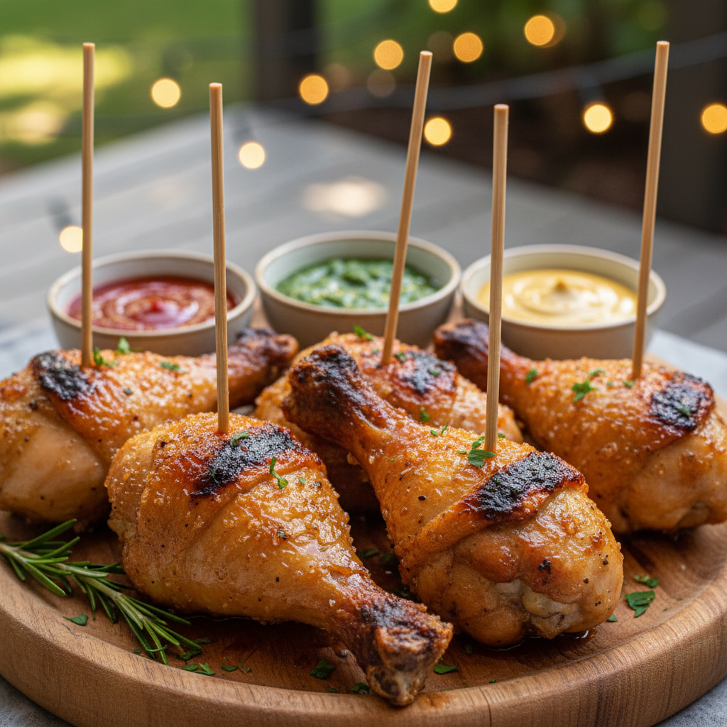 A close-up image of beautifully grilled chicken drumstick lollipops arranged artfully on a rustic wooden platter. The drumsticks are perfectly charred with a golden-brown glaze, garnished with fresh herbs and a light drizzle of savory barbecue sauce. In the foreground, emphasize the texture of the crispy skin and juicy meat, with wooden skewers elegantly placed for a gourmet presentation. The middle ground features a few dipping sauces in small bowls, adding vibrant colors—red, green, and yellow—against the warm tones of the chicken. In the background, softly blurred, a cozy outdoor setting with fairy lights twinkling adds a warm, inviting atmosphere. Use natural lighting to highlight the glisten of the sauces and the char on the drumsticks, captured from an overhead angle to create an enticing and appetizing composition.