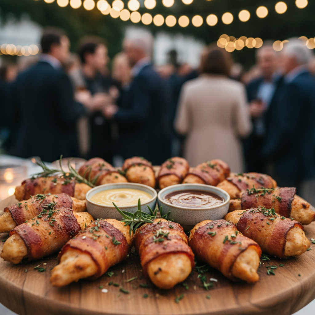 A close-up of delicious bacon-wrapped chicken appetizers arranged elegantly on a rustic wooden platter. In the foreground, showcase several bacon-wrapped morsels, crispy and golden-brown, with enticing herbs sprinkled on top. In the middle, include a few dipping sauces in small bowls, like honey mustard and BBQ, adding vibrant color that contrasts with the savory tones of the bacon and chicken. The background features a softly blurred gathering scene, hinting at a warm and inviting atmosphere, with dimmed fairy lights casting a cozy glow. The lighting is warm and soft, emulating an evening gathering. Capture the scene from a slightly elevated angle to draw viewers into this delightful feast, evoking a sense of celebration and indulgence.