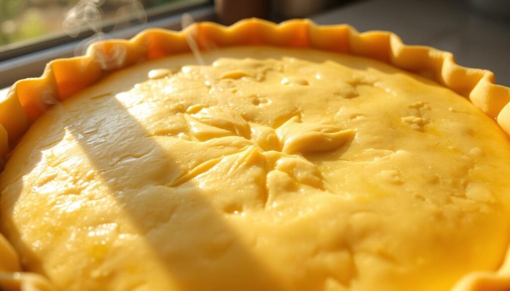 A golden, flaky pie crust, the centerpiece of a savory quiche. Thin, delicate layers of crisp pastry, glistening with a light brushing of egg wash. The crust's edges are perfectly crimped, forming an elegant scalloped border. Soft, wispy tendrils of steam rise from the warm, freshly baked surface. Dappled sunlight filters through a window, casting a warm glow and dramatic shadows across the crust's intricate folds and textures. The overall scene exudes a sense of homemade comfort and culinary artistry, ready to be sliced and enjoyed.