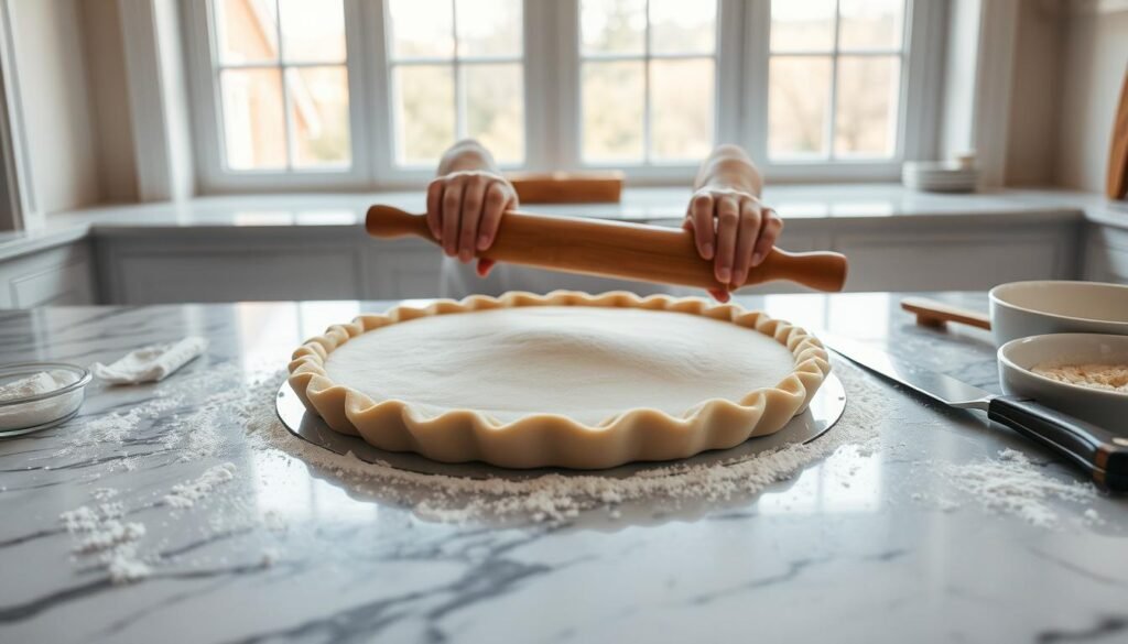 A marble countertop in a bright, airy kitchen. On the counter, a baker's hands delicately rolling out a round sheet of pale, flaky pie dough with a wooden rolling pin. The dough is surrounded by scattered flour, a sharp baker's knife, and a ceramic pie dish. Warm, natural lighting filters through large windows, casting a soft glow on the scene. The overall mood is one of focused, meticulous craftsmanship - the careful process of perfecting a classic pastry.