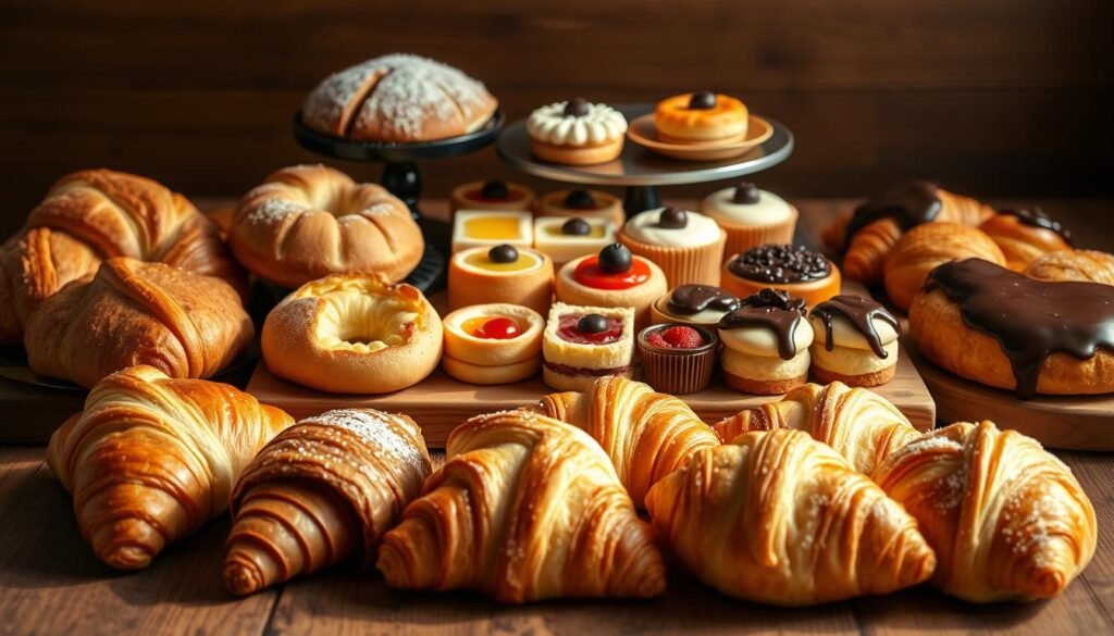 A mouth-watering display of sweet and savory pastry creations, artfully arranged on a rustic wooden table. In the foreground, flaky croissants, buttery brioche buns, and delicate pain au chocolat are nestled alongside savory cheese-filled pockets and fragrant herb-infused rolls. The middle ground features a tempting selection of fruit-filled tarts, delicate lemon bars, and indulgent chocolate-glazed éclairs. Soft, natural lighting casts a warm glow over the scene, emphasizing the rich colors and textures of the pastries. The overall mood is one of homemade elegance and irresistible culinary artistry. A mouth-watering display of sweet and savory pastry creations, artfully arranged on a rustic wooden table. In the foreground, flaky croissants, buttery brioche buns, and delicate pain au chocolat are nestled alongside savory cheese-filled pockets and fragrant herb-infused rolls. The middle ground features a tempting selection of fruit-filled tarts, delicate lemon bars, and indulgent chocolate-glazed éclairs. Soft, natural lighting casts a warm glow over the scene, emphasizing the rich colors and textures of the pastries. The overall mood is one of homemade elegance and irresistible culinary artistry.