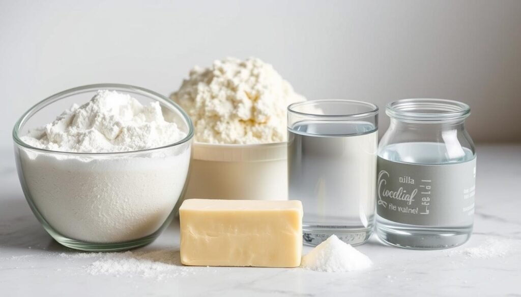 A neatly arranged assortment of classic pie crust ingredients, including all-purpose flour, cold unsalted butter, ice-cold water, and a pinch of salt, illuminated by soft, diffused lighting and captured from a slightly elevated angle, showcasing the textural details and natural colors of the ingredients against a clean, minimalist background, creating a sense of simplicity and culinary elegance.