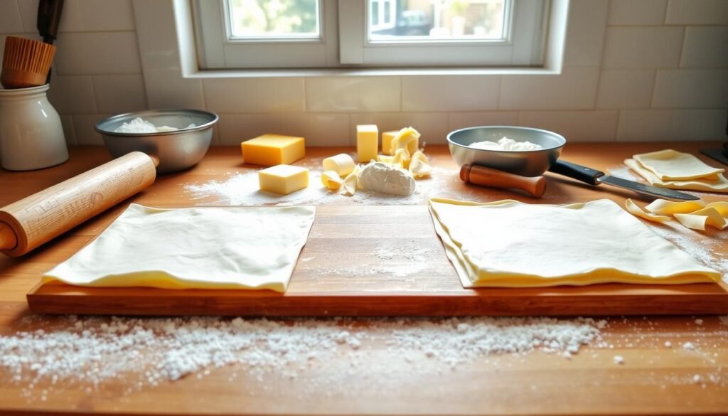 A neatly organized kitchen counter with an assortment of homemade puff pastry ingredients and tools. In the foreground, delicate sheets of freshly rolled puff pastry dough rest on a floured wooden board, ready for layering and folding. In the middle ground, a rolling pin, a pastry brush, and a sharp knife sit alongside a bowl of butter, a dusting of flour, and a handful of chilled dough trimmings. The background features a bright, airy window, allowing natural light to illuminate the scene and create a sense of warmth and culinary inspiration. The overall atmosphere conveys the artful process of creating homemade puff pastry, inviting the viewer to explore the nuances of this classic baking technique. A neatly organized kitchen counter with an assortment of homemade puff pastry ingredients and tools. In the foreground, delicate sheets of freshly rolled puff pastry dough rest on a floured wooden board, ready for layering and folding. In the middle ground, a rolling pin, a pastry brush, and a sharp knife sit alongside a bowl of butter, a dusting of flour, and a handful of chilled dough trimmings. The background features a bright, airy window, allowing natural light to illuminate the scene and create a sense of warmth and culinary inspiration. The overall atmosphere conveys the artful process of creating homemade puff pastry, inviting the viewer to explore the nuances of this classic baking technique.