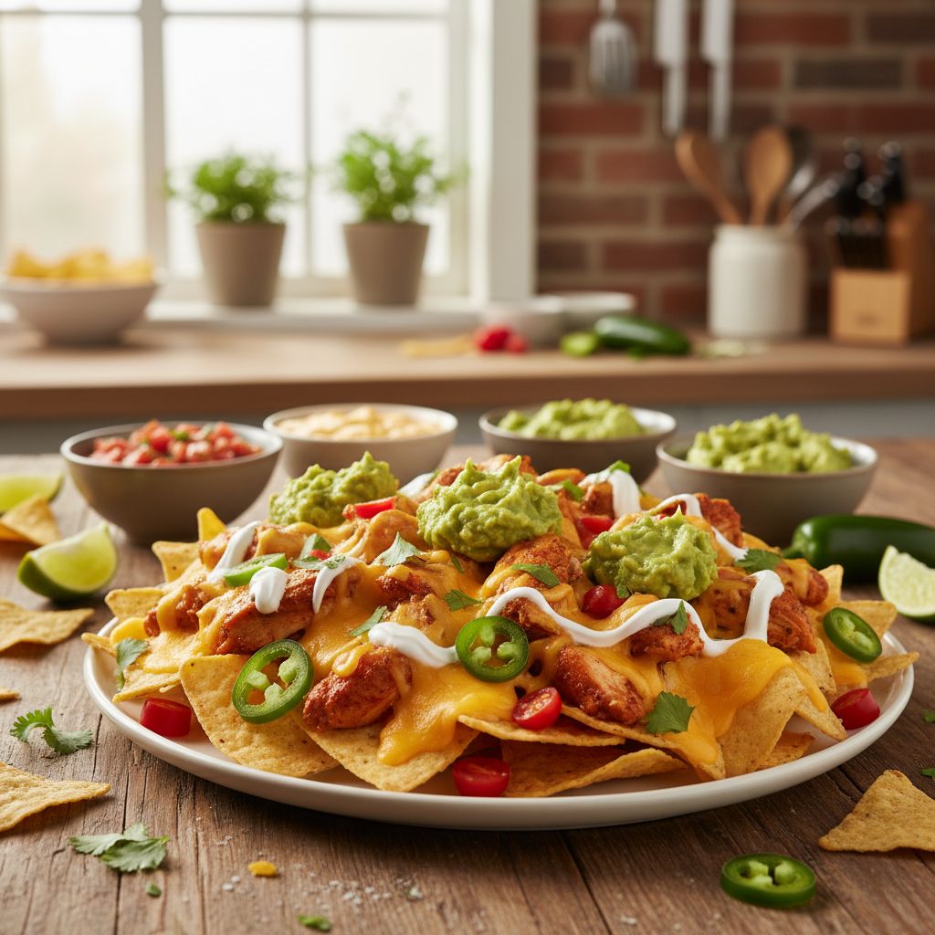 A tantalizing plate of chicken nachos takes center stage, featuring golden, crispy tortilla chips generously topped with shredded, seasoned chicken, melted cheddar cheese, and a vibrant array of colorful toppings. Fresh jalapeños, diced tomatoes, creamy guacamole, and a drizzle of sour cream add texture and flavor. The foreground showcases this mouthwatering dish, while the middle ground features a rustic wooden table adorned with additional dipping sauces and scattered ingredients for a dynamic feel. In the background, a softly lit kitchen ambiance sets a warm, inviting atmosphere, with subtle hints of greenery from potted herbs. The image is captured at a slight overhead angle, highlighting the layers of toppings beautifully, with warm, natural lighting enhancing the appetizing colors of the nachos, evoking a sense of comfort and enjoyment for casual gatherings.