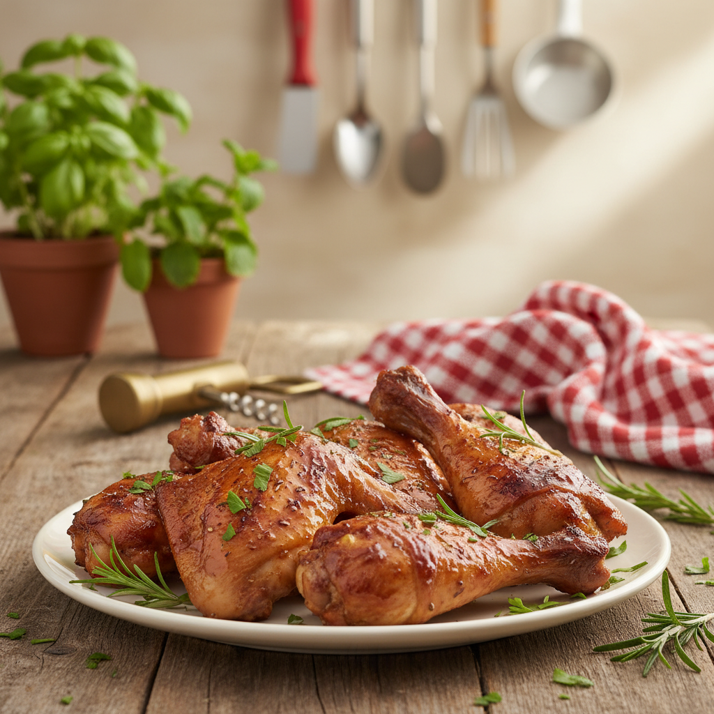 A tempting plate of leftover BBQ chicken, featuring moist, caramelized pieces with a smoky glaze, artfully arranged on a rustic wooden table. The foreground showcases a variety of chicken portions, including wings, thighs, and drumsticks, garnished with fresh herbs. In the middle, an antique corkscrew and a checking cloth suggest a cozy cookout atmosphere. The background includes hints of vibrant kitchen decor, such as potted herbs and utensils, subtly blurred to keep the focus on the chicken. Soft, natural lighting bathes the scene, creating a warm and inviting ambiance, reminiscent of a summer gathering. The angle is slightly overhead, capturing the allure of the dish while enticing viewers with the anticipation of delicious reheated meals. A tempting plate of leftover BBQ chicken, featuring moist, caramelized pieces with a smoky glaze, artfully arranged on a rustic wooden table. The foreground showcases a variety of chicken portions, including wings, thighs, and drumsticks, garnished with fresh herbs. In the middle, an antique corkscrew and a checking cloth suggest a cozy cookout atmosphere. The background includes hints of vibrant kitchen decor, such as potted herbs and utensils, subtly blurred to keep the focus on the chicken. Soft, natural lighting bathes the scene, creating a warm and inviting ambiance, reminiscent of a summer gathering. The angle is slightly overhead, capturing the allure of the dish while enticing viewers with the anticipation of delicious reheated meals.