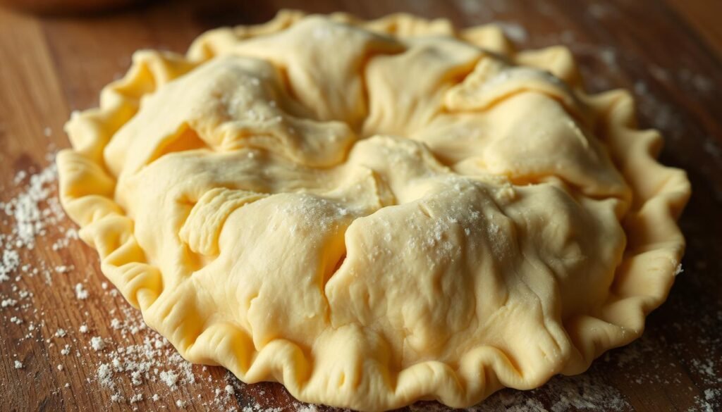 Crisp, golden pie crust with delicate, flaky layers, resting on a rustic wooden surface. Soft natural lighting accentuates the intricate patterns and tender texture, inviting a closer look. The crust appears lightly dusted with flour, hinting at the care and attention given to its preparation. The camera angle highlights the depth and complexity of the crust's structure, showcasing the secrets to achieving the perfect, homemade flakiness. A sense of warmth and comfort radiates from the image, setting the stage for a delicious culinary experience.