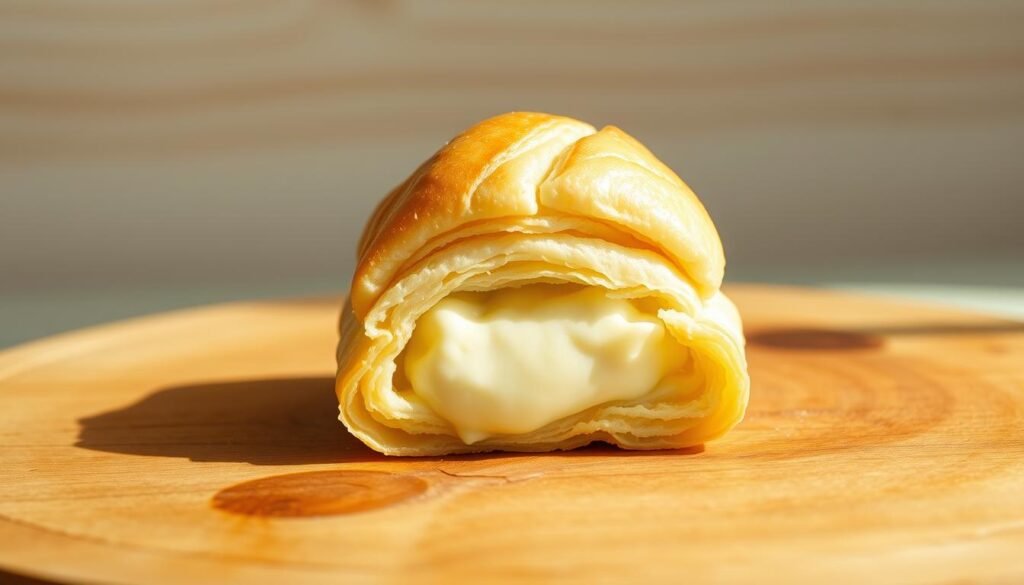 Delicate cream cheese puff pastry, freshly baked, with a golden-brown crust and a light, flaky interior. A creamy, tantalizing filling oozes out from the delicate layers, its texture silky smooth. The pastry sits atop a rustic wooden surface, framed by a clean, minimalist background that allows the pastry to take center stage. Soft, natural lighting casts subtle shadows, highlighting the intricate textures and drawing the viewer's eye to the irresistible creation. The overall scene evokes a sense of homemade indulgence, inviting the viewer to imagine the satisfying experience of biting into this masterful cream cheese puff pastry. Delicate cream cheese puff pastry, freshly baked, with a golden-brown crust and a light, flaky interior. A creamy, tantalizing filling oozes out from the delicate layers, its texture silky smooth. The pastry sits atop a rustic wooden surface, framed by a clean, minimalist background that allows the pastry to take center stage. Soft, natural lighting casts subtle shadows, highlighting the intricate textures and drawing the viewer's eye to the irresistible creation. The overall scene evokes a sense of homemade indulgence, inviting the viewer to imagine the satisfying experience of biting into this masterful cream cheese puff pastry.
