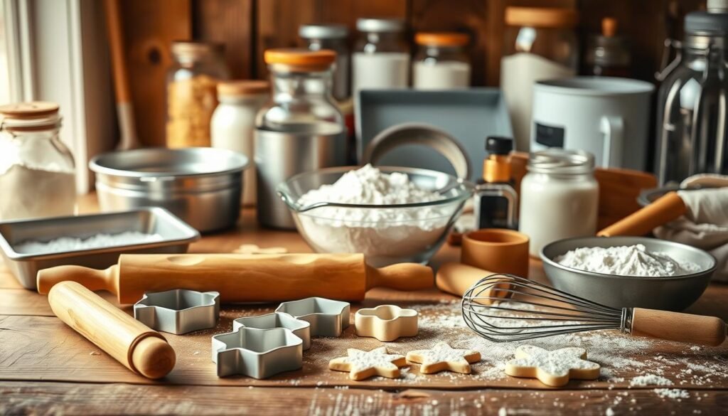 Elegant arrangement of essential pastry tools and ingredients on a rustic wooden table, illuminated by soft natural lighting. In the foreground, a rolling pin, cookie cutters, and a whisk sit neatly arranged. The midground showcases an assortment of baking pans, a sifter, and a mixing bowl filled with flour. In the background, jars of sugar, vanilla extract, and other essential baking staples create a harmonious still life. The overall composition conveys a sense of culinary preparedness and the warm, comforting atmosphere of a well-equipped home kitchen. Elegant arrangement of essential pastry tools and ingredients on a rustic wooden table, illuminated by soft natural lighting. In the foreground, a rolling pin, cookie cutters, and a whisk sit neatly arranged. The midground showcases an assortment of baking pans, a sifter, and a mixing bowl filled with flour. In the background, jars of sugar, vanilla extract, and other essential baking staples create a harmonious still life. The overall composition conveys a sense of culinary preparedness and the warm, comforting atmosphere of a well-equipped home kitchen.